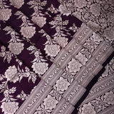 Aubergine Banarasi Silk Saree With Large Floral Brocade
