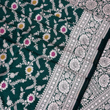 Bottle Green Banarasi Silk Saree With Silver Zari Floral Jaal Weave