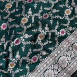 Bottle Green Banarasi Silk Saree With Silver Zari Floral Jaal Weave