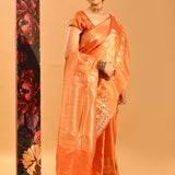 Vibrant Orange Banarasi Silk Saree With Floral Butti And Highlighted Border