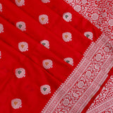 Bright Red Banarasi Silk Saree With Silver Zari Booti And Temple Border