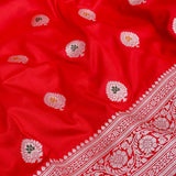 Bright Red Banarasi Silk Saree With Silver Zari Booti And Temple Border