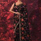 Pure Black Floral Embroidered Silk Blend Saree