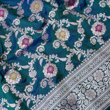 Peacock Teal Banarasi Silk Saree With Silver Zari Jaal Weave And Contrast Blue Pallu