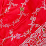 Red Banarasi Silk Saree With Silver Zari Floral Spray And Trellis Pallu