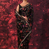 Pure Black Floral Embroidered Silk Blend Saree