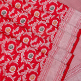 Bright Red Banarasi Silk Saree With Silver Zari Floral Medallion Jaal And Chevron Border