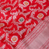 Bright Red Banarasi Silk Saree With Silver Zari Floral Medallion Jaal And Chevron Border