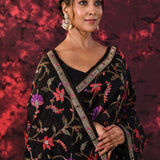 Pure Black Floral Embroidered Silk Blend Saree