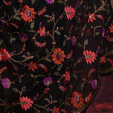 Pure Black Floral Embroidered Silk Blend Saree