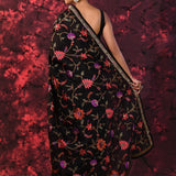 Pure Black Floral Embroidered Silk Blend Saree