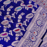 Royal Blue Banarasi Silk Saree With Silver Zari Floral Weave And Paisley Pallu