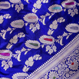 Royal Blue Banarasi Silk Saree With Silver Zari Floral Weave And Paisley Pallu