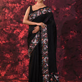 Solid Black Embroidered Tussar Saree