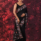 Solid Black Embroidered Tussar Saree