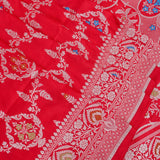 Bright Red Banarasi Silk Saree With Silver Zari Paisley Medallion Border