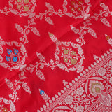 Bright Red Banarasi Silk Saree With Silver Zari Paisley Medallion Border