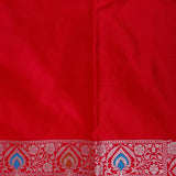 Bright Red Banarasi Silk Saree With Silver Zari Paisley Medallion Border