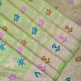 Pista Green Banarasi Silk Saree With Gold Zari Floral Jaal And Multicolor Florets