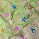 Pista Green Banarasi Silk Saree With Gold Zari Floral Jaal And Multicolor Florets