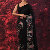 Pure Black Embroidered Floral Satin Saree