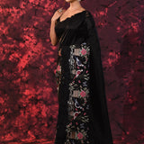 Pure Black Embroidered Floral Satin Saree