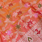 Warm Orange Banarasi Silk Saree With Silver Zari Floral Jaal And Multicolor Florets