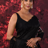 Pure Black Embroidered Floral Satin Saree