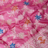 Magenta Pink Banarasi Silk Saree With Silver Zari Floral Jaal And Multicolor Florets