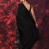 Pure Black Embroidered Floral Satin Saree