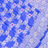 Cobalt Blue Banarasi Silk Saree With Silver Zari Floral Trellis Weave