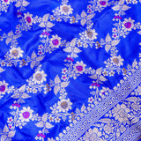 Cobalt Blue Banarasi Silk Saree With Silver Zari Floral Trellis Weave