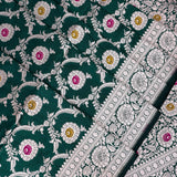 Bottle Green Banarasi Silk Saree With Silver Zari Floral Jaal Weave
