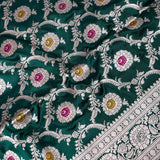 Bottle Green Banarasi Silk Saree With Silver Zari Floral Jaal Weave