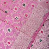 Baby Pink Banarasi Silk Saree with Gold Zari Floral Booti and Contrast Buds