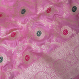 Baby Pink Banarasi Silk Saree with Gold Zari Floral Booti and Contrast Buds