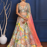 Multicolour Embroidered Crepe Lehenga Set