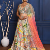 Multicolour Embroidered Crepe Lehenga Set