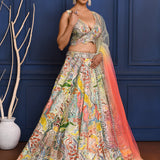 Multicolour Embroidered Crepe Lehenga Set