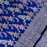 Royal Blue Banarasi Silk Saree With Silver Zari Floral Vine Weave