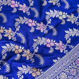 Royal Blue Banarasi Silk Saree With Silver Zari Floral Vine Weave