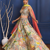 Multicolour Embroidered Crepe Lehenga Set