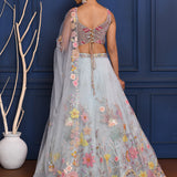 Pale Blue Floral Embroidered Organza Lehenga Set