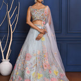 Pale Blue Floral Embroidered Organza Lehenga Set