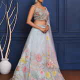 Pale Blue Floral Embroidered Organza Lehenga Set