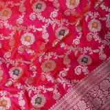 Rani Pink Banarasi Silk Saree With Silver Zari Floral Jaal Weave