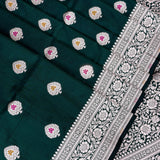 Bottle Green Banarasi Silk Saree With Silver Zari Booti And Temple Border