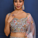 Pale Blue Floral Embroidered Organza Lehenga Set