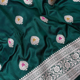 Bottle Green Banarasi Silk Saree With Silver Zari Booti And Temple Border