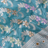 Peacock Teal Banarasi Silk Saree With Silver Zari Floral Vine And Multicolor Pallu